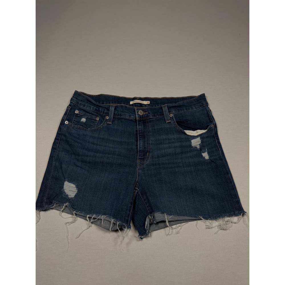 Levis Mid Length Shorts Mens 32 Blue Denim Distressed Raw Hem Stretch Casual